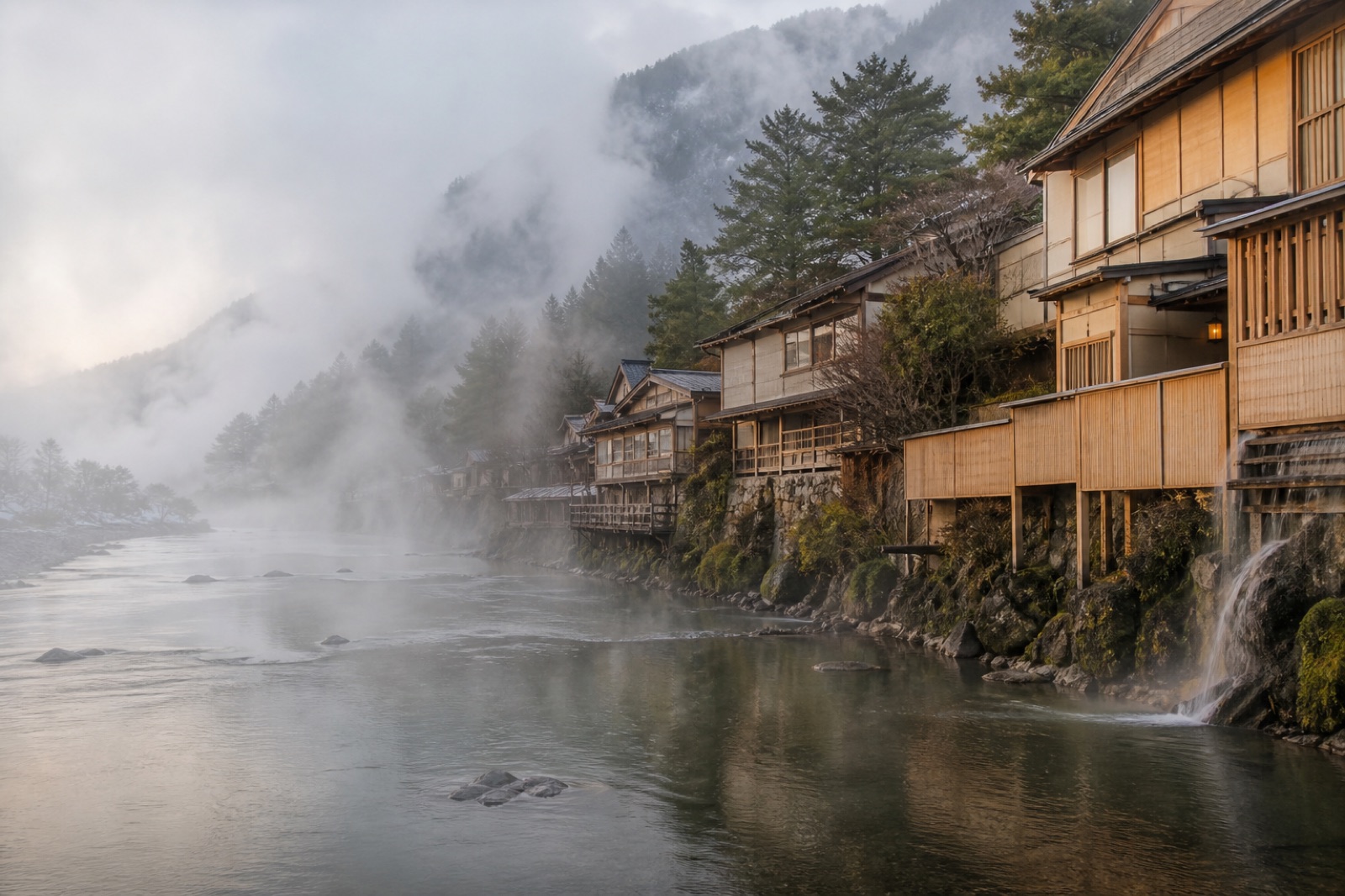 Japansk onsenort i en skogklädd bergsdal med ånga som stiger mellan trähusen och låga moln över sluttningarna