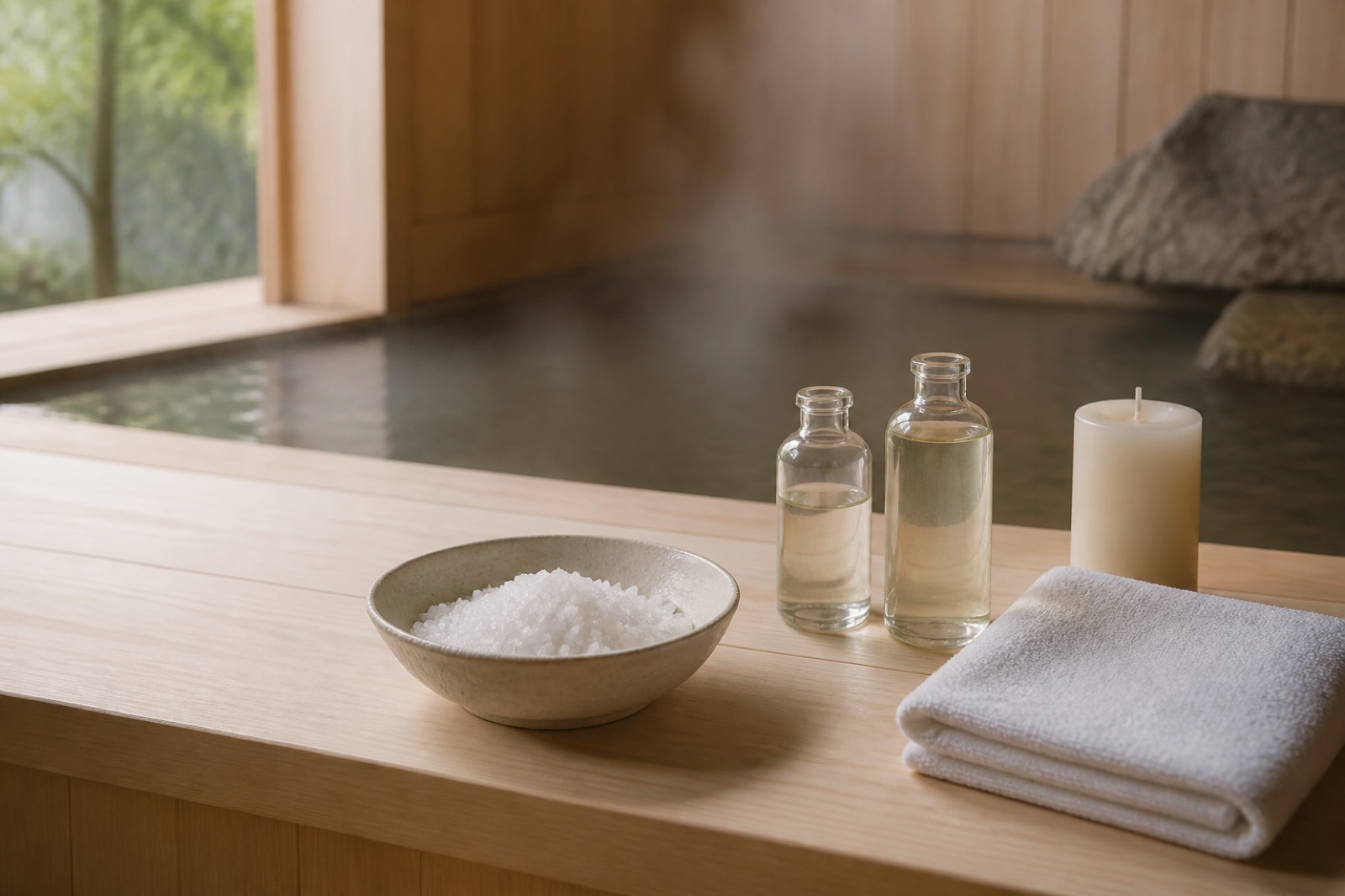 Hemmaspa-kit med omärkta flaskor, badsalt i skål och en vikt handduk på ljust trä