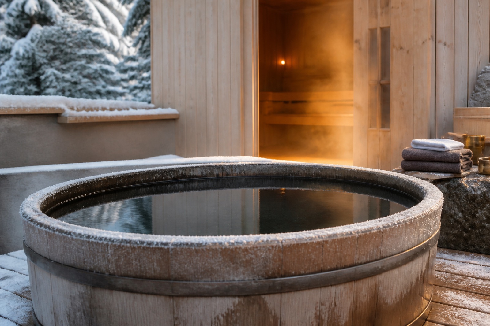 Isbad i en trätunna utomhus på vintern med frost på kanten och ånga från en bastu i bakgrunden