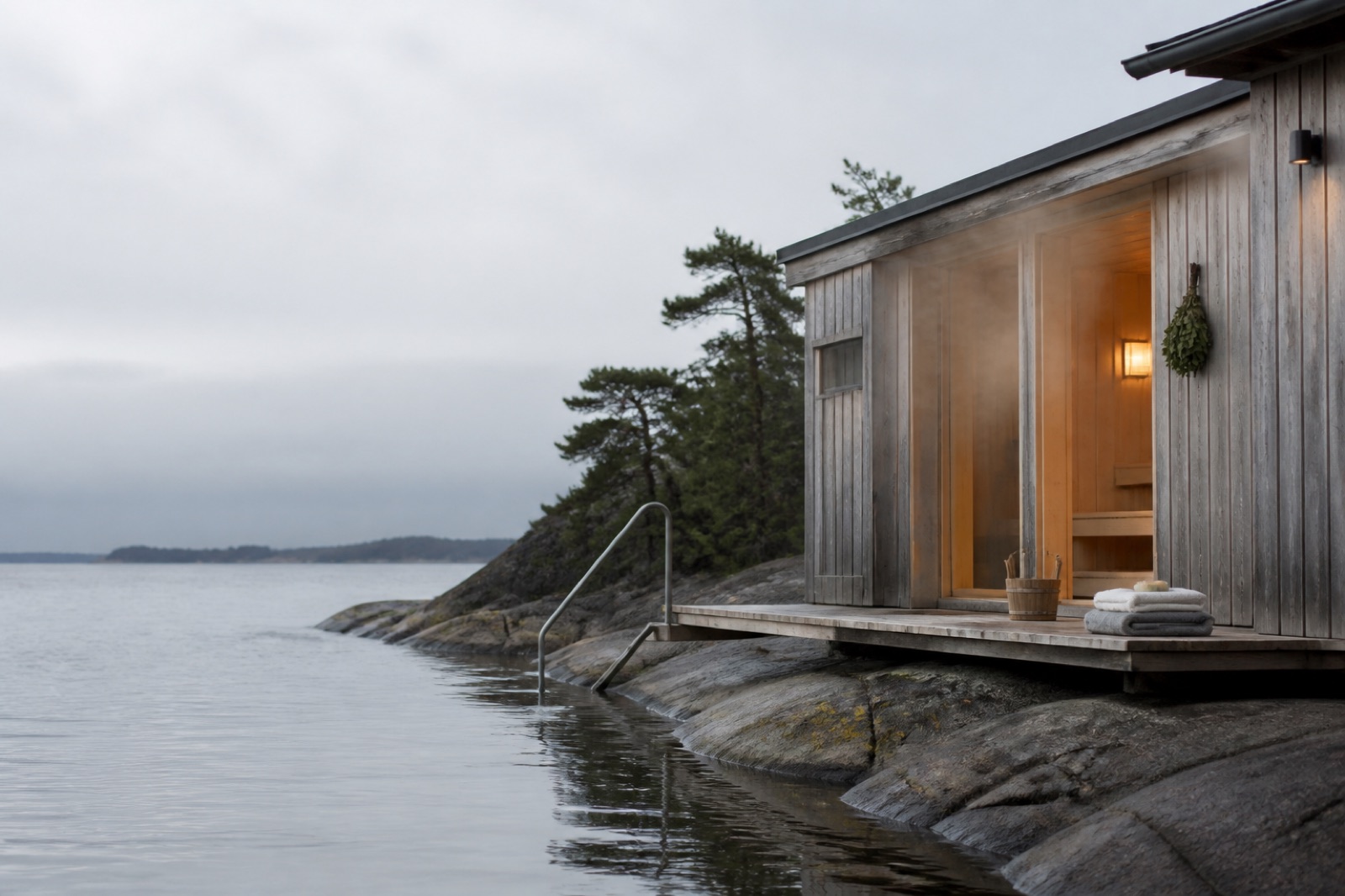 Väderbitet kallbadhus i trä på klippor vid västkusten med tallar i bakgrunden