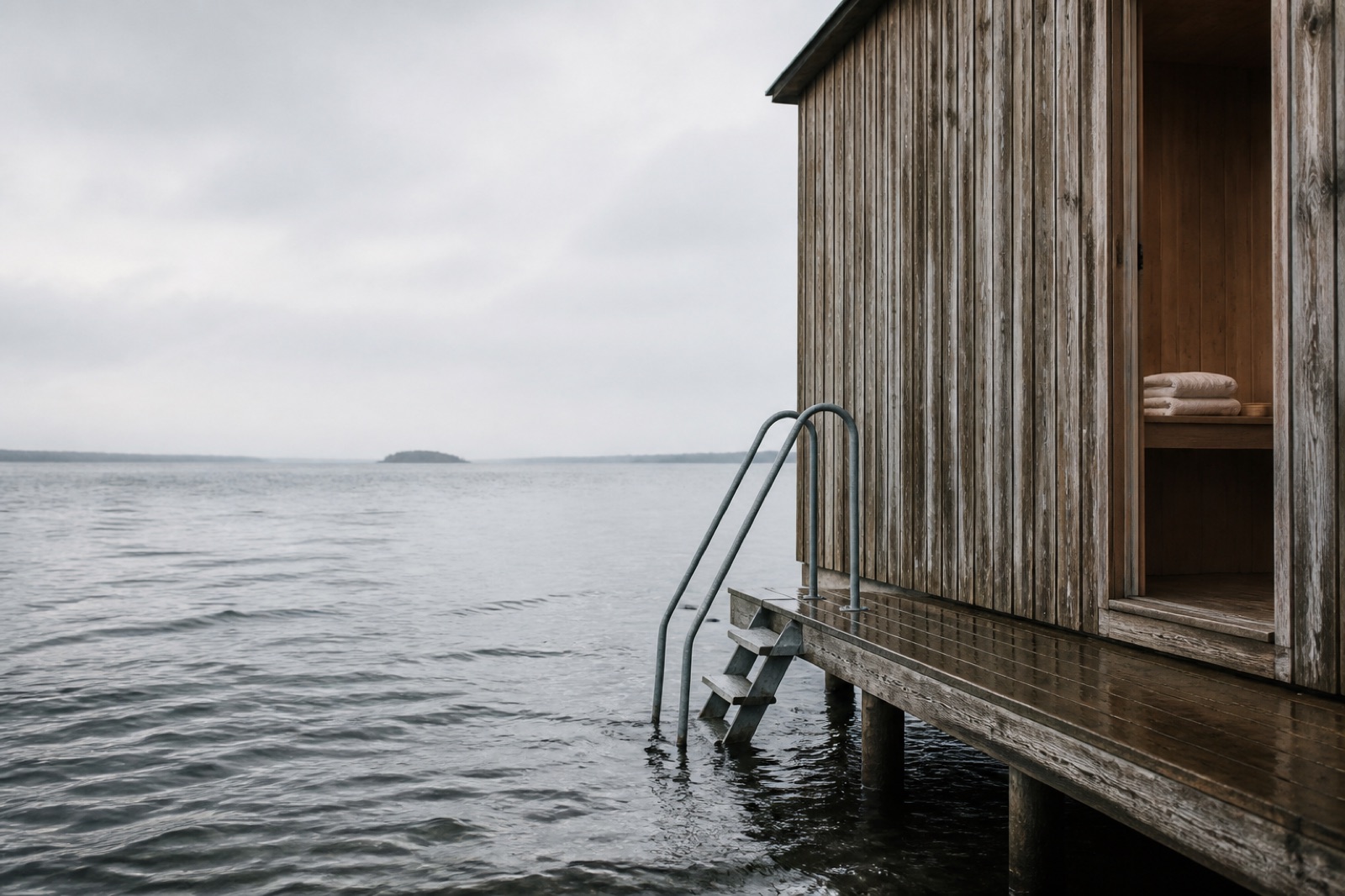 Nordiskt kallbadhus i väderbitet trä på pålar ute i grå vinterhav, med en badstege ner i vattnet