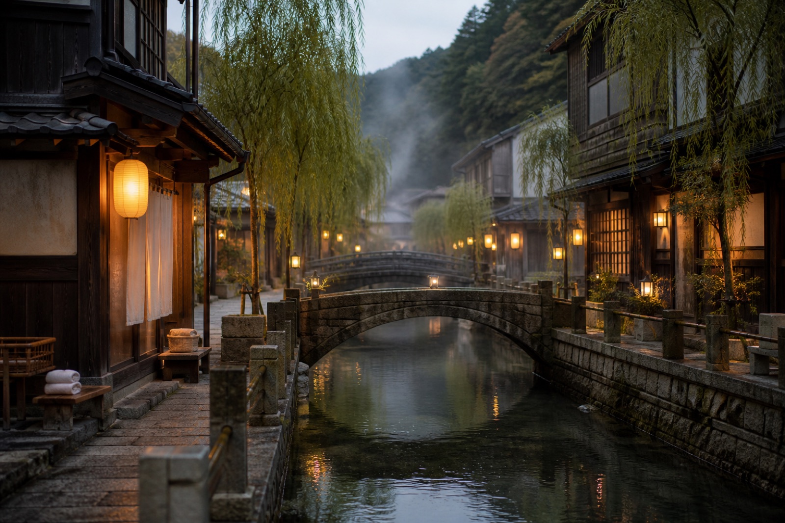 Pilträdskantad kanal i en japansk onsenort med välvda stenbroar och trähus i skymningen