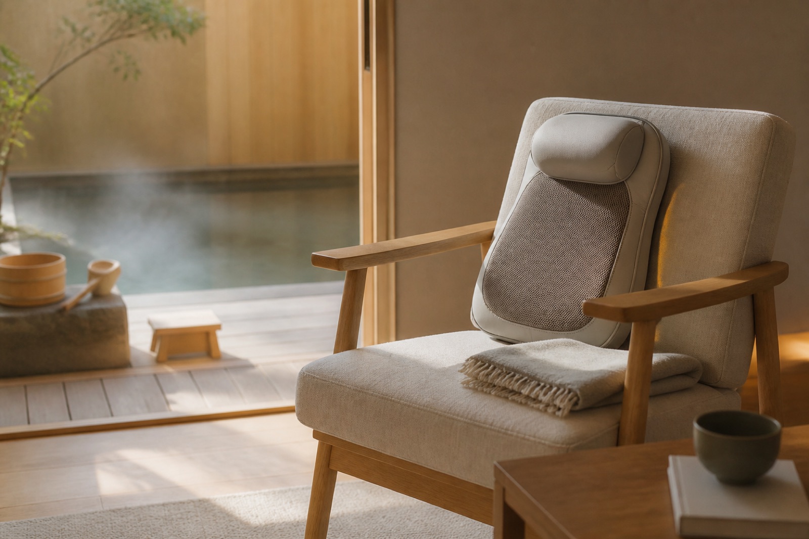 Massagekudde på en stol i ett lugnt vardagsrum med en vikt filt bredvid