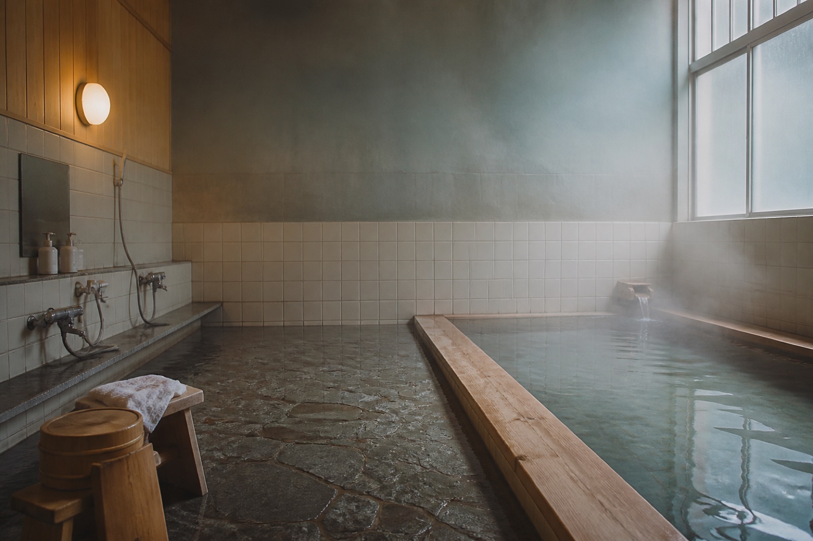 Enkelt japanskt badhus med kaklad bassäng och högt i tak — ett sento snarare än en onsen