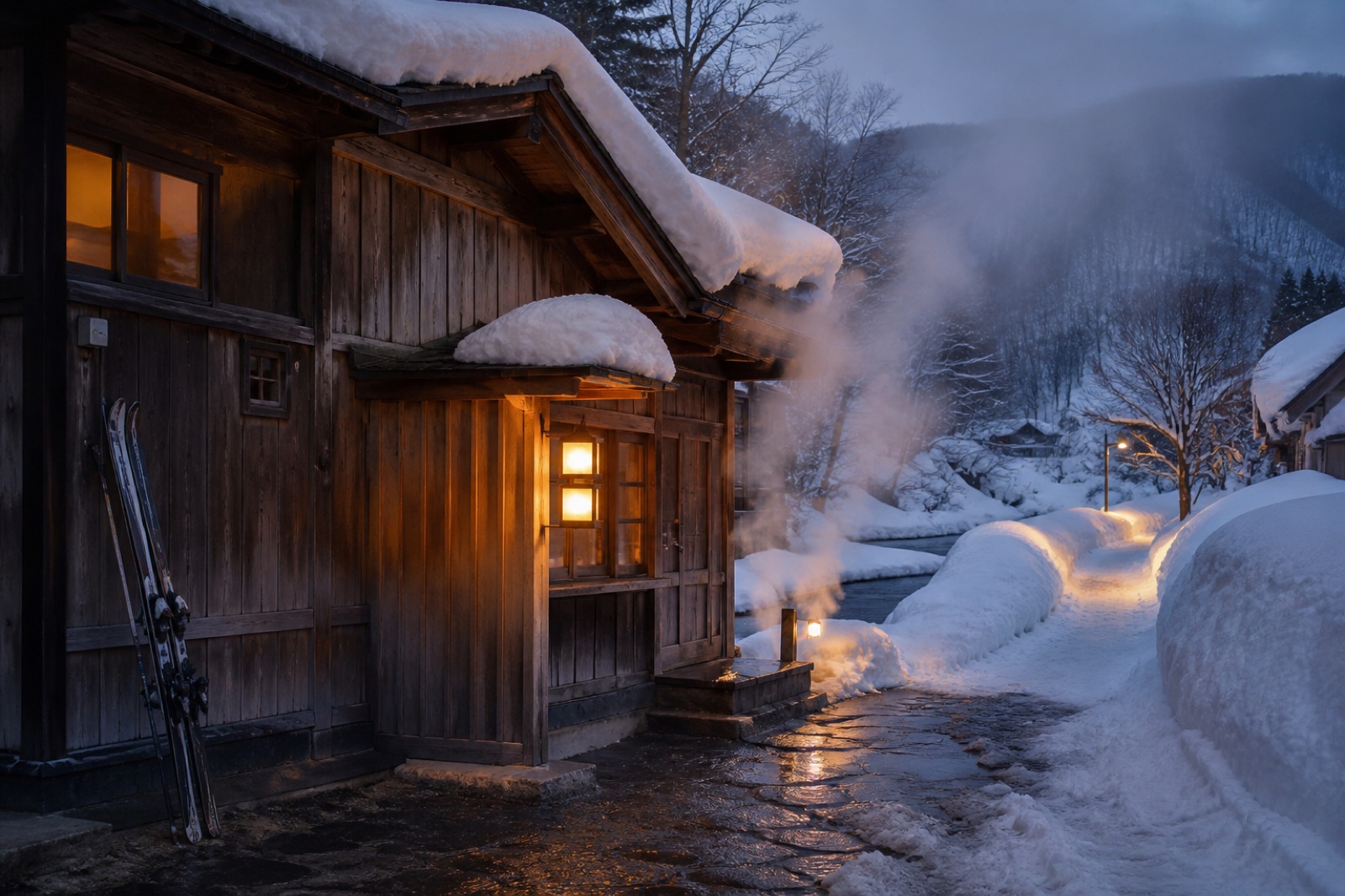 Trähus i en japansk bergsby under djup snö med ånga som stiger och skidor lutade mot väggen