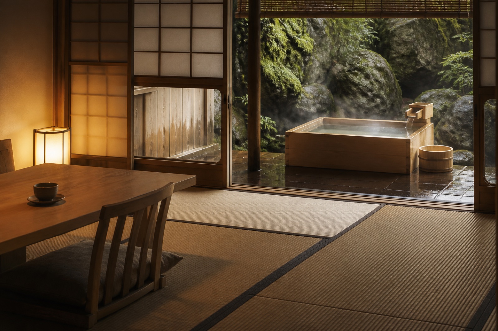 Tatamirum på ett ryokan med lågt bord och en öppen skjutdörr mot ett privat utomhusbad i trä