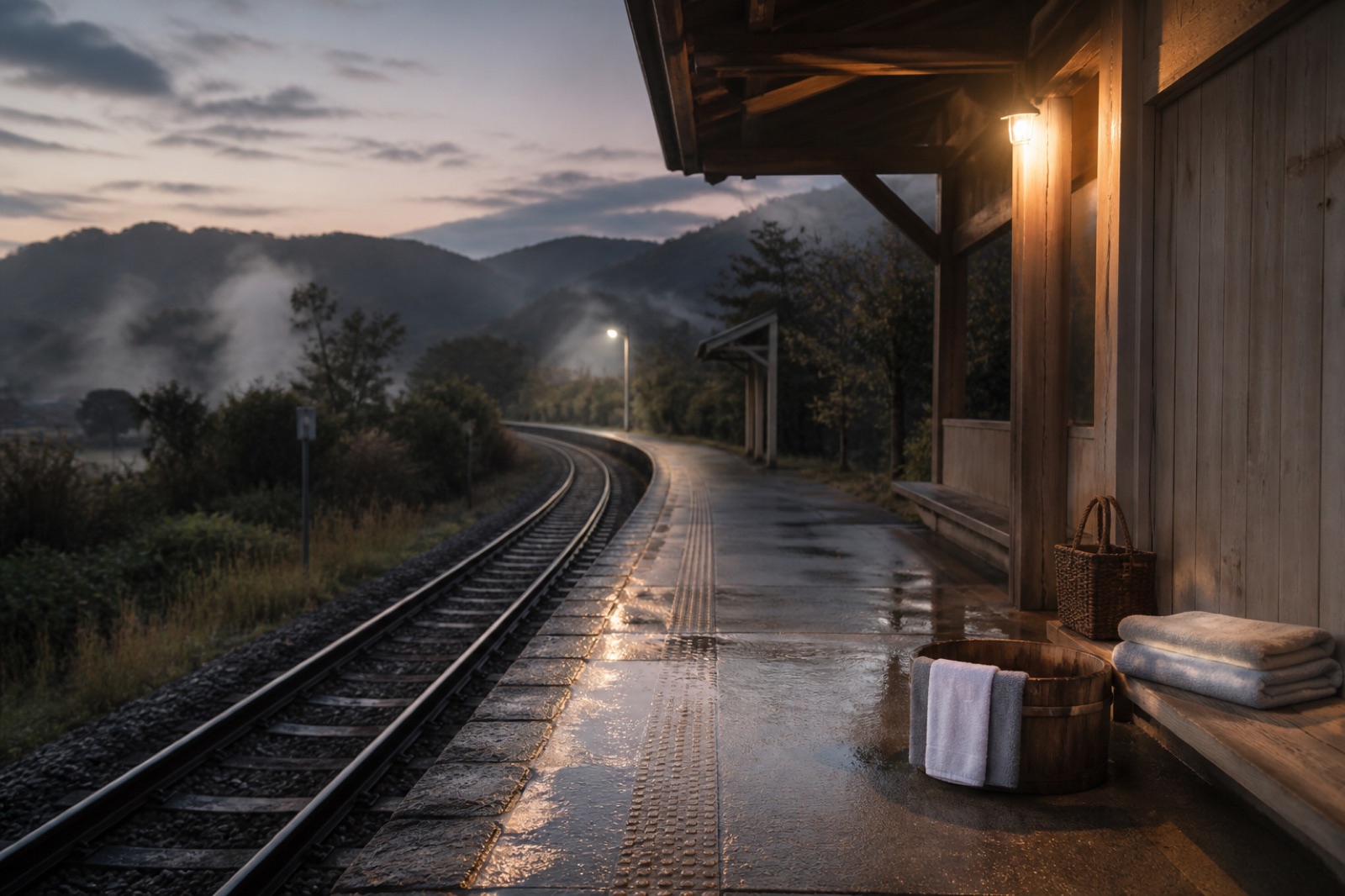 Perrong på en liten japansk landsortsstation i skymningen