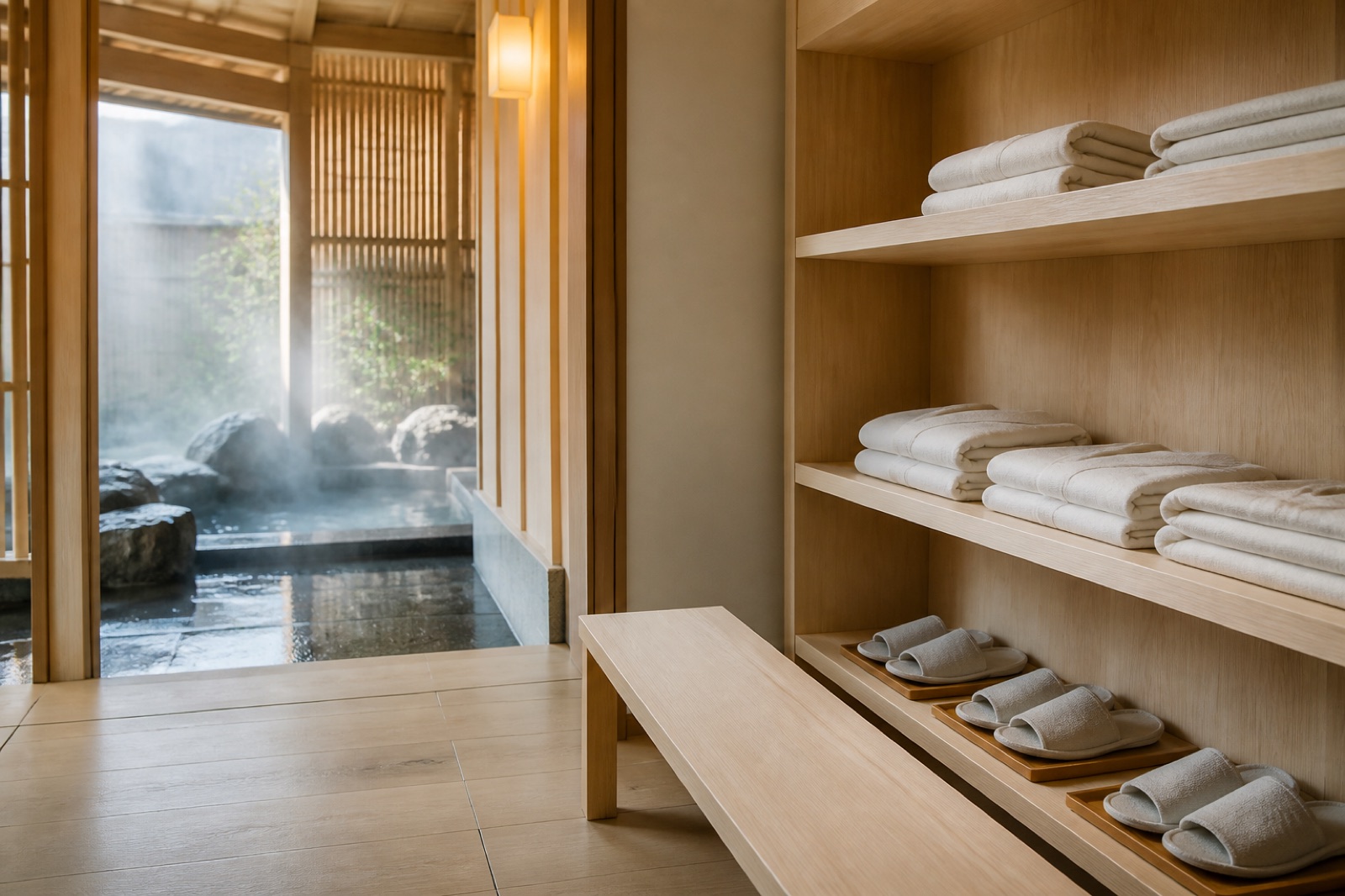 Omklädningsrum på ett japanskinspirerat spa med vikta yukata och tofflor på en trähylla