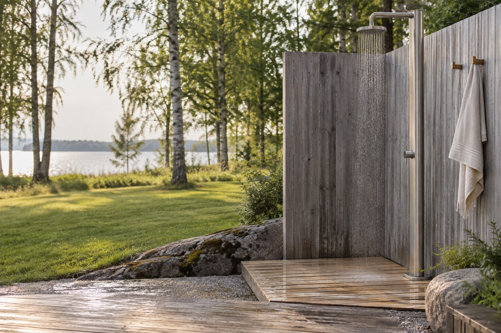 Utedusch i borstat stål mot en grånad träpanel i en svensk trädgård, vattendroppar på trägallret under